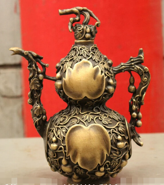 

bi003130 8" Royal Adorn Chinese 100% Pure Bronze Gourd Statue Handle Wine Tea Pot Flagon