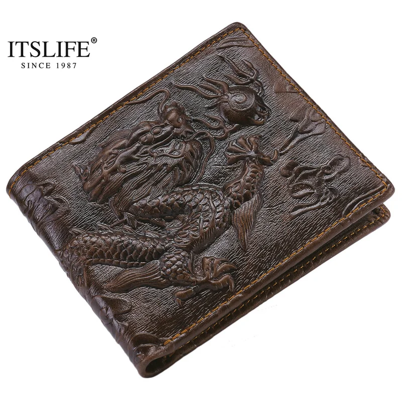 New fashion vintage top layer cowhide leather men wallet dragon embossed genuine leather bi fold