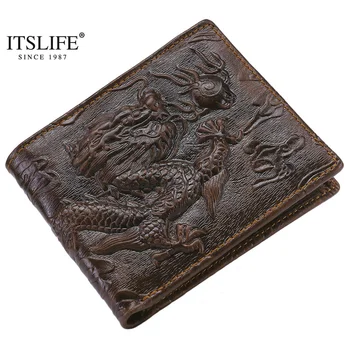 

New fashion vintage top layer cowhide leather men wallet dragon embossed genuine leather bi-fold card holder