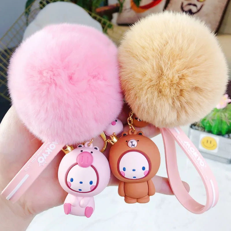 

Cartoon Cute Epoxy Crown Monkey Fluffy Pompom Keychain 3D Doll Key Chain Ring For Women Car Key Holder Bag Purse Jewelry
