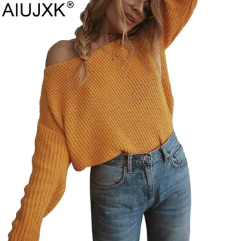 

AIUJXK New 2019 Fashion Knitted Sweater Women Autumn Winter Long Sleeve Off Shoulder Casual Plus Size Pullover Female Jumper