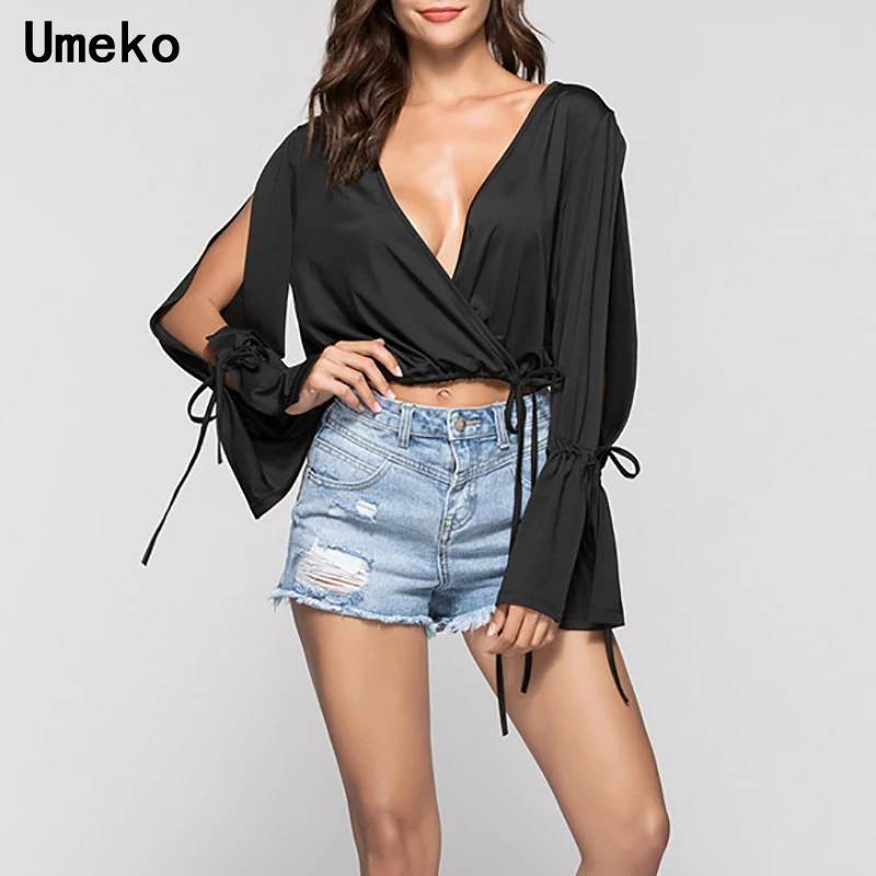 

Womens Chiffon Blouse Long Sleeve Flare Ladies Shirt Deep V Neck Front Cross Sexy Female Crop Tops and Blouses Fashion