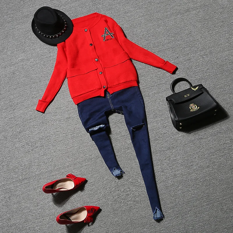 2016 Autumn new fashion women 2 pieces jeans suits T shirt coat pocket slim hole jeans