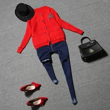 2016 Autumn new fashion women 2 pieces jeans suits T shirt coat pocket slim hole jeans