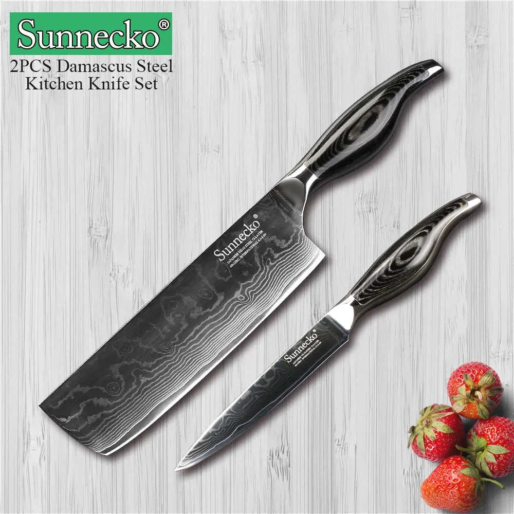 SUNNECKO 2PCS Kitchen Knives Cleaver Utility Set 73 Layers Damascus
