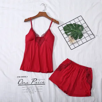 

Sleep Lounge 2019 Women Thin Pajamas Set Silk Sleepwear With Shorts Pyjama Summer Lace Sleeveless Pijama With Chest Pads