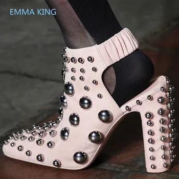 

2019 New Silver Rivets Studded Women Pumps Pointed Toe Sexy Chunky High Heel Designer Ladies Slingbacks Shoes Woman Elegant Pump