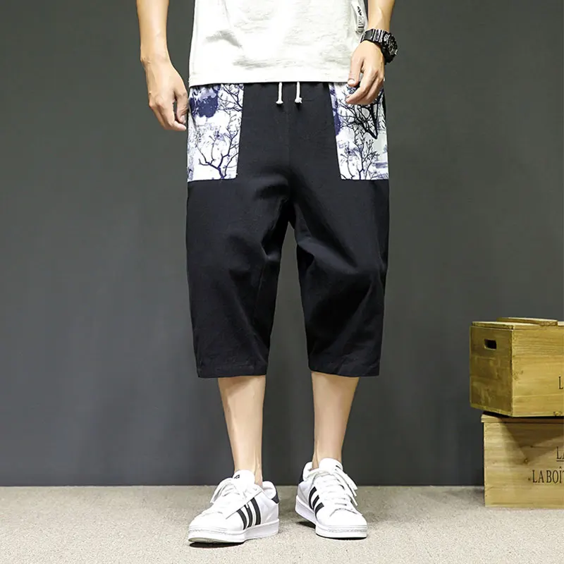 

Chinese Style Calf-Length Pants Pocket Printing Men's Pants Elastic Waist Large Size Harem Pants Calf-Length Pants