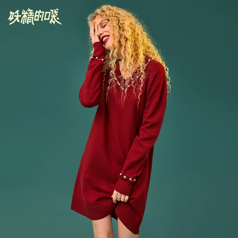 

ELF SACK Autumn New Woman Dress Long Sleeve V-Neck Mid-Calf Women Dresses Solid Vintage Streetwear Femme Vestido Party Dress
