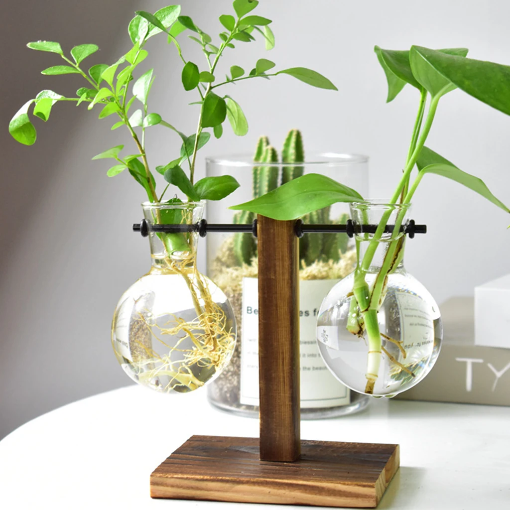 Tabletop Vintage Hydroponic Plant Vases Flower Pot Glass Vase Wooden Frame 2020 