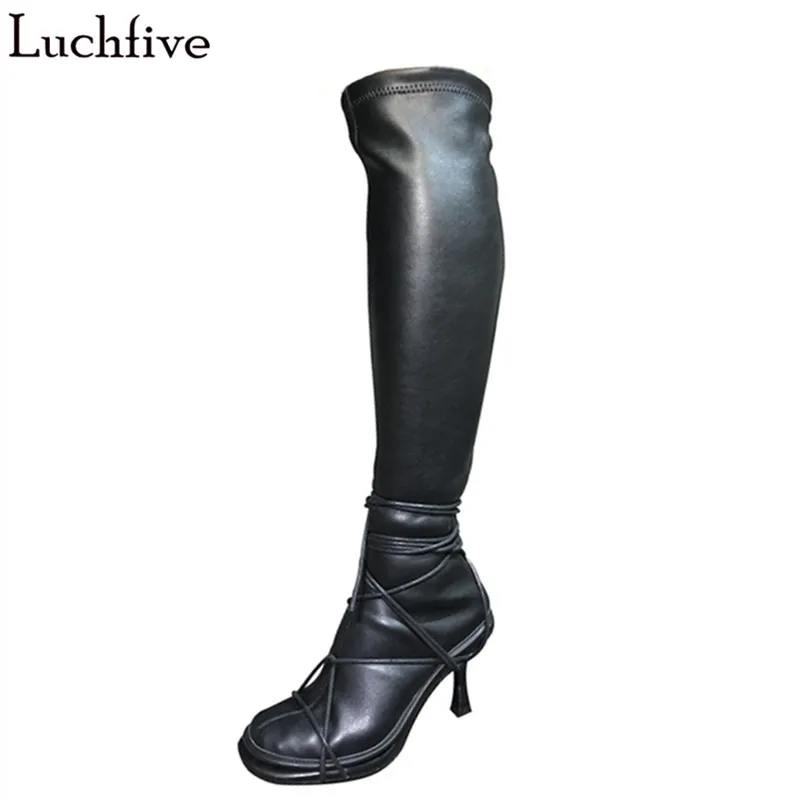 

Luchfive Spring Autumn Microfiber High Heel Socks Sandals Boots For Women Cross Bandage Knee High Booties Round Toe Knight Boots