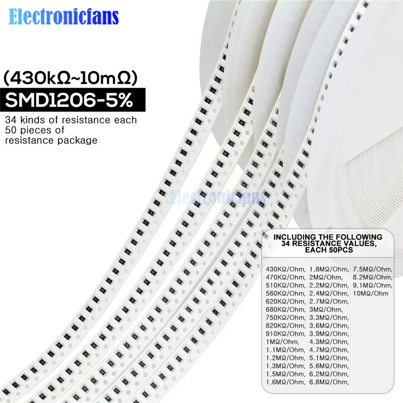 1700 шт./лот 1206 SMD резистор 0R-10 м Ом 5% 1/4 Вт 0,25 чип сопротивление фиксированной комплект резисторов в ассортименте Большие размеры 34 значения х 50 шт = 1700 шт