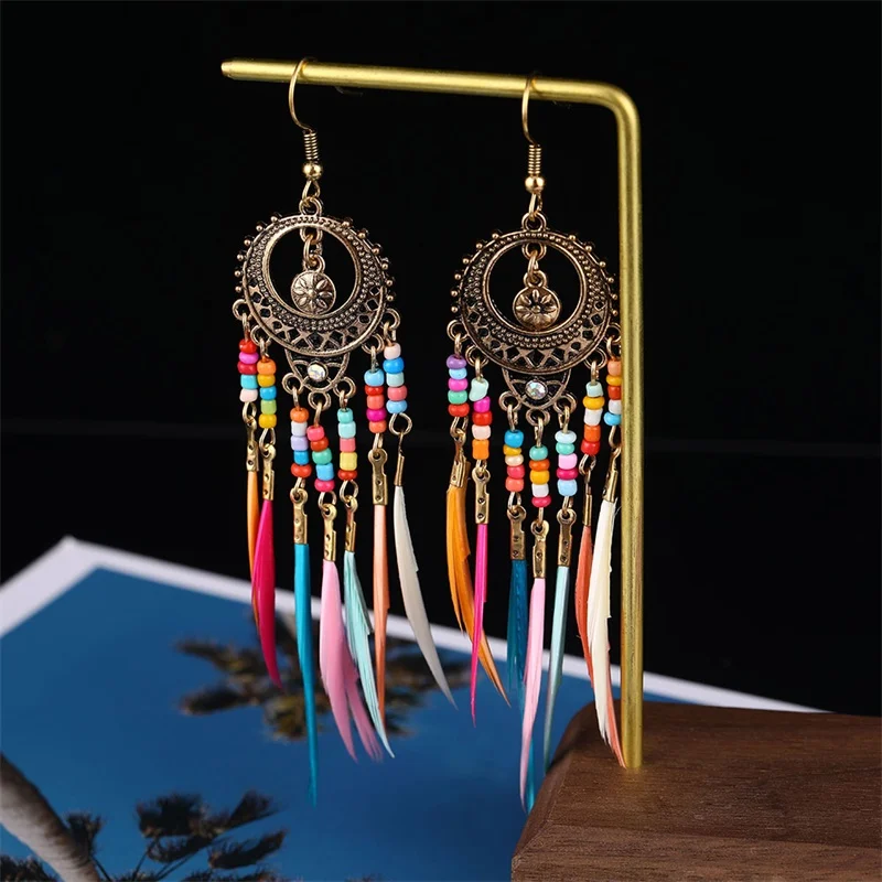 

KISSWIFE Bohemian Long Feather Dangle Earrings For Women Ethnic Fringed Beads Earrings 2019 Vintage Female Jewelry
