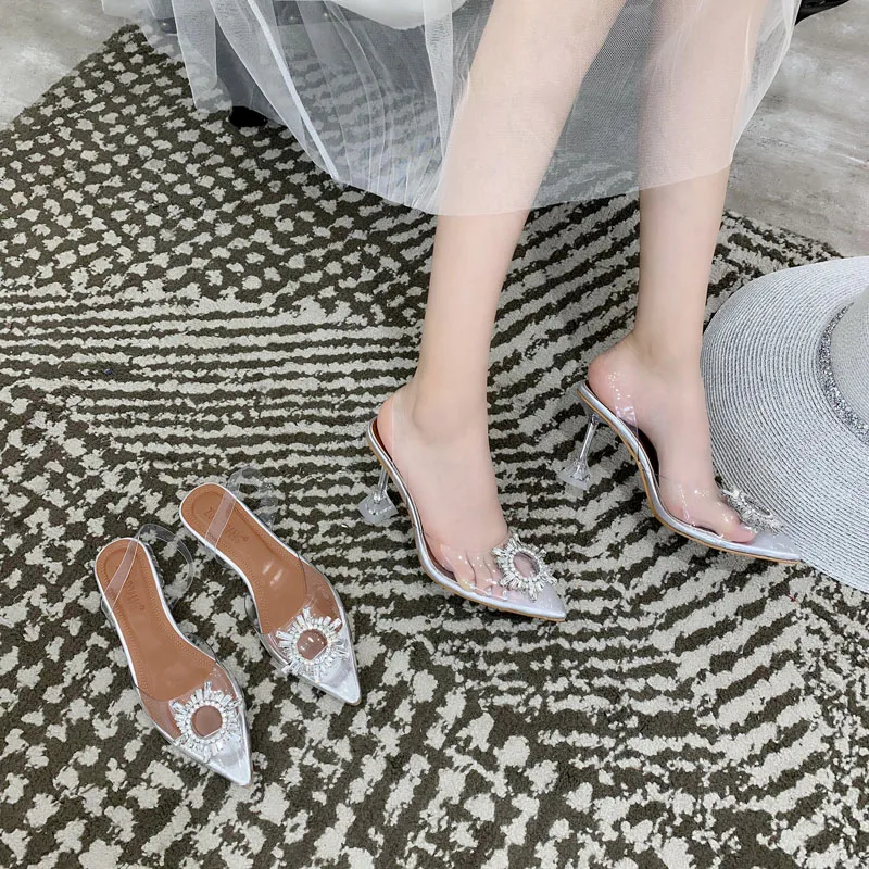 

19 summer new style Transparent high heel pumps Stiletto pointed short shoes Wild fairy rhinestone round buckle women's shoes