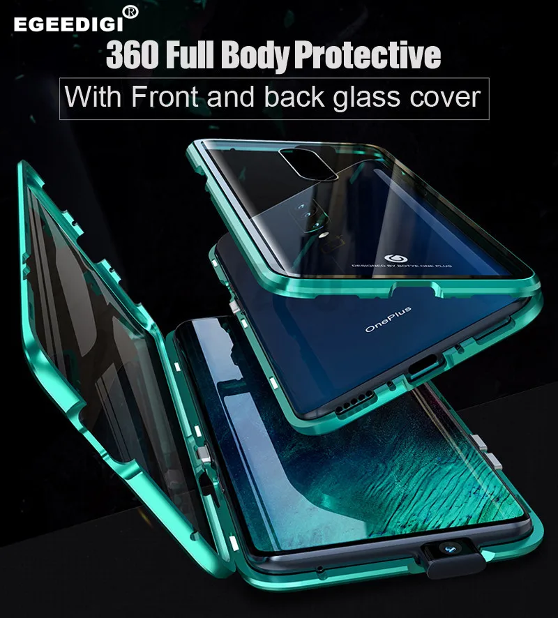 

Egeedigi Front+Back Glass Magnetic Metal Case For OnePlus 7/Pro transparent Back Cover For OnePlus 7 Bumper Armor 360 Full Cover