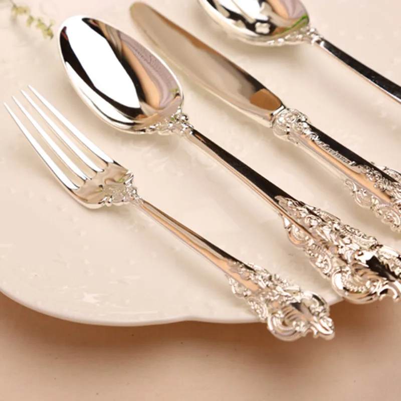 Ретро, сребро рельеф столовая ложка нож вилка в западном стиле столовая посуда чайная ложка из нержавеющей стали винтажная посуда