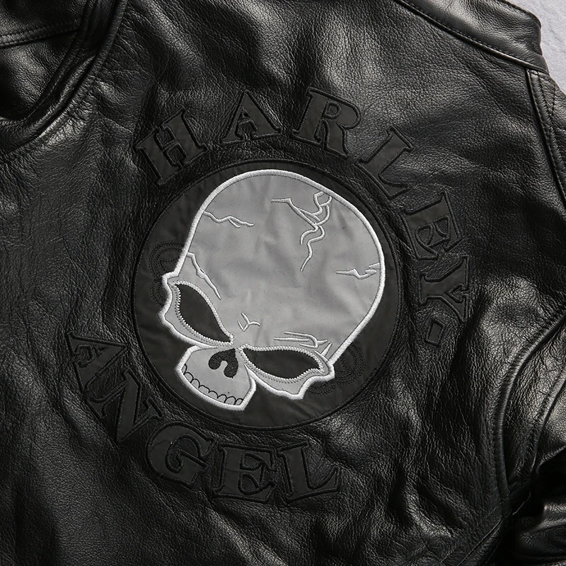 DHL free shipping Men Genuine Leather Jacket Vintage Classic Warm Motorcycle Biker Black Jacket Skull Embroidery Cowhide Coat