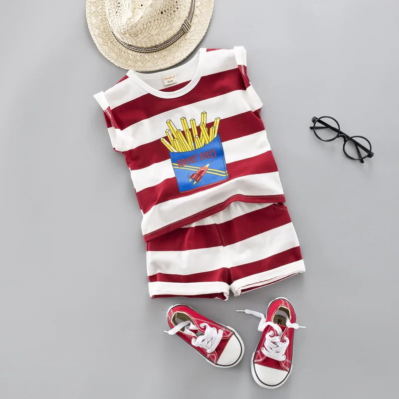 

Baby Girl Boy Summer Striped Shirt Clothes Set Cute Cartoon Fries Kid Clothing Casual Boys Suit Clothes 1 2 3 4 Years