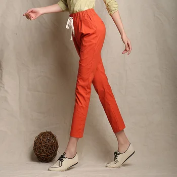 

Woman Plus Size Spring Solid Mid Elastic Waist Straight Cotton Capris Lady Summer Oversized Flax Breathable Pants Female Capris