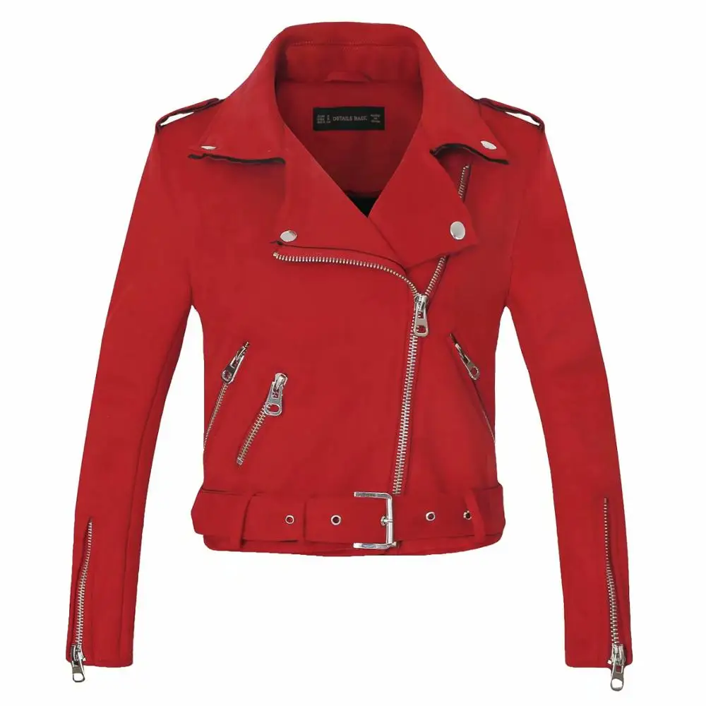 Новая модная женская замшевая мотоциклетная куртка, облегающая коричневая мягкая искусственная кожа с подкладкой, Женское пальто veste femme cuir epaulet на молнии - Цвет: X009 Red