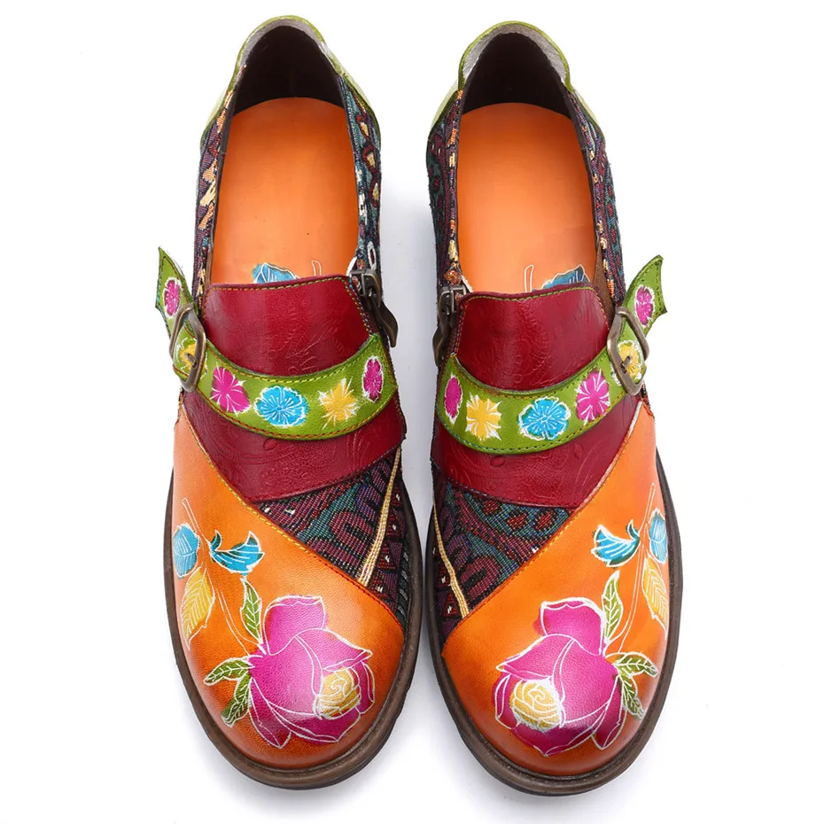 Vintage Flat Shoes Women 2019 Genuine Leather Oxfords Bohemian Jacquard Patchwork Zipper Flats Retro Casual Ladies Shoes Woman (5)
