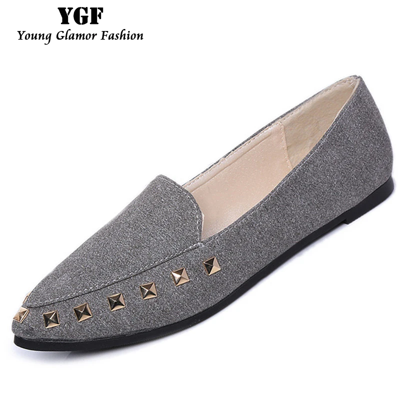 

YGF Pointed Toe Flats Rivet Shoes for Women Spring Autumn Slip on Leather Flats Walking Shoes Woman Casual Loafers Shoes