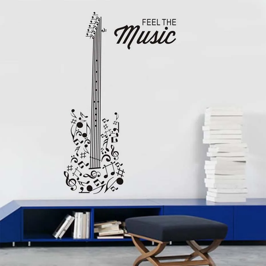 "Wall Stickers Feel The Music Vinyl Decals Guitar Silhouette Self Adhesive Diy Cool Stickers For