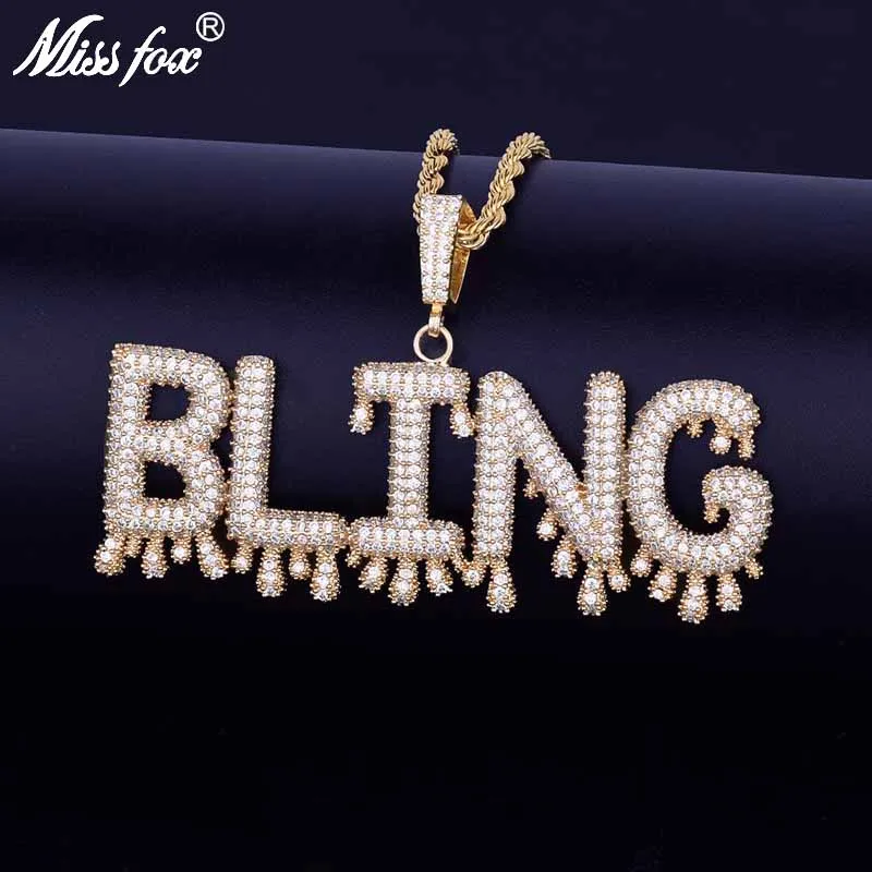 

MISSFOX Hip Hop Teardrop-shaped Sharp Men Nameplate Pendnat Necklace 24k Gold Plated High Quality Cubic Zirconiaiced Out Pendant