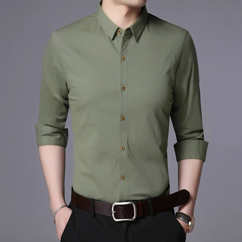 Модная брендовая дизайнерская рубашка, Мужская однотонная приталенная уличная одежда с длинным рукавом на пуговицах, повседневная мужская одежда высшего класса для мальчиков - Цвет: Зеленый