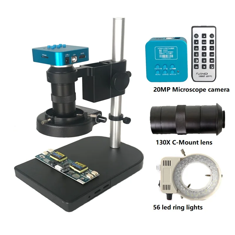 20MP 1080 P 60FPS HDMI Industriële USB digitale Microscoop Video Camera + 8X-130X C-Mount lens + 56 Led ring verlichting voor telefoon reparatie