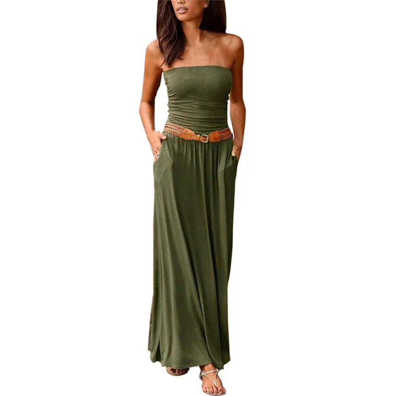 

Solid Summer Dress Beach Off Shoulder Maxi Dress Women Sleeveless Sexy Dress Plus Size Pockets Vestido De Festa Longo 40MAY8