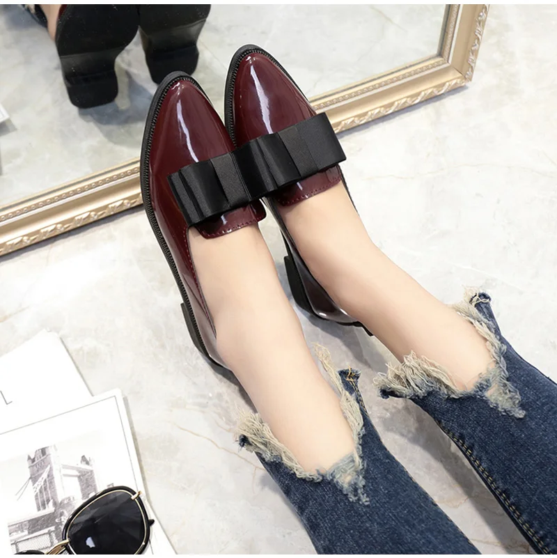 Dropshipping Women Shoes Bowtie Flats Patent Leather Elegant Low Heels Slip On Footwear Female Pointed Toe Thick Heel XXZ04