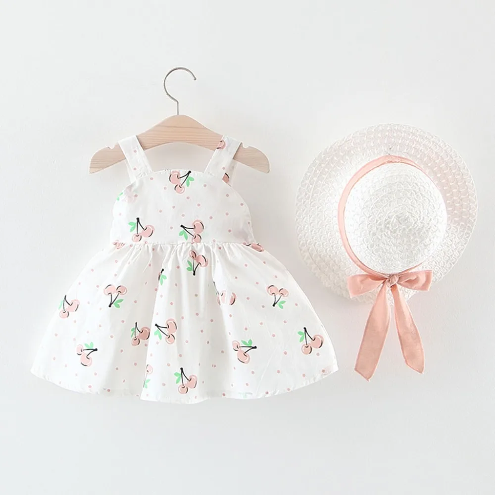 Toddler Baby Kids Girls Sleeveless Cherry Dot Princess Dresses Bow Hat Outfits vestido robe fille  #4j08 (13)