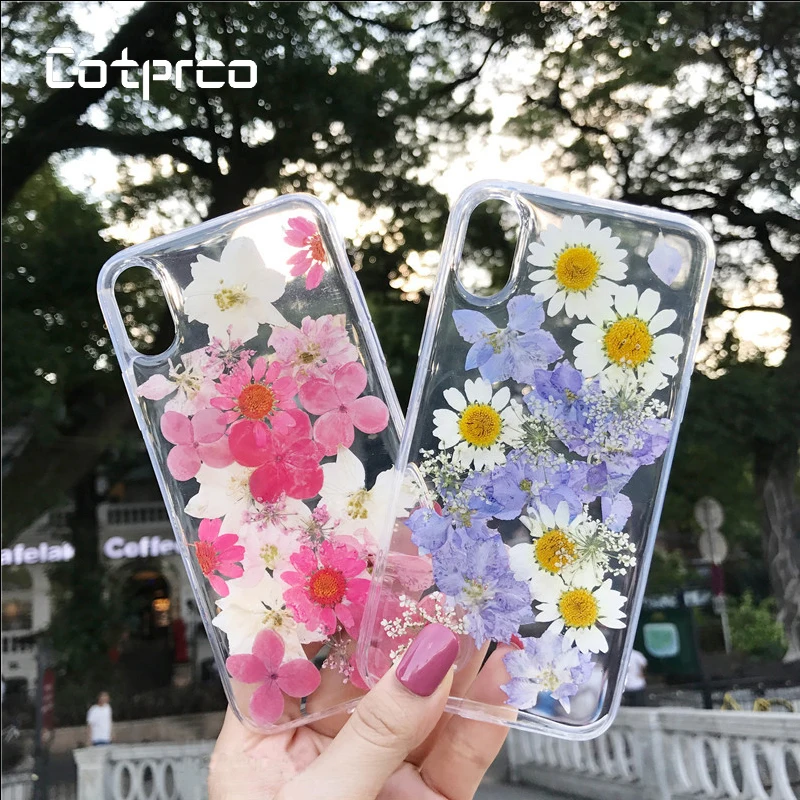 COTPRCO Handmade pressed Flower Case For iPhone X 7 8 Plus 6 6s Coque Newest DIY Real Dried flowers Transparent TPU Cover Fundas |