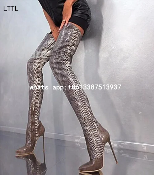Sexy Python Snakeskin Boots Botas Pointed Toe Thigh High Boots Thin High Heels Women Motorcycle Boots Autumn Shoes Woman Pumps
