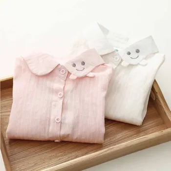 

2018 Spring Autumn Casual 2-10 Years Cotton Kids Birthday Clothing Solid Color Cartoon Smile Long Sleeve Girls Blouses Shirts