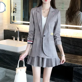 

Women England style girl plaid suit and mini draped skirt 029