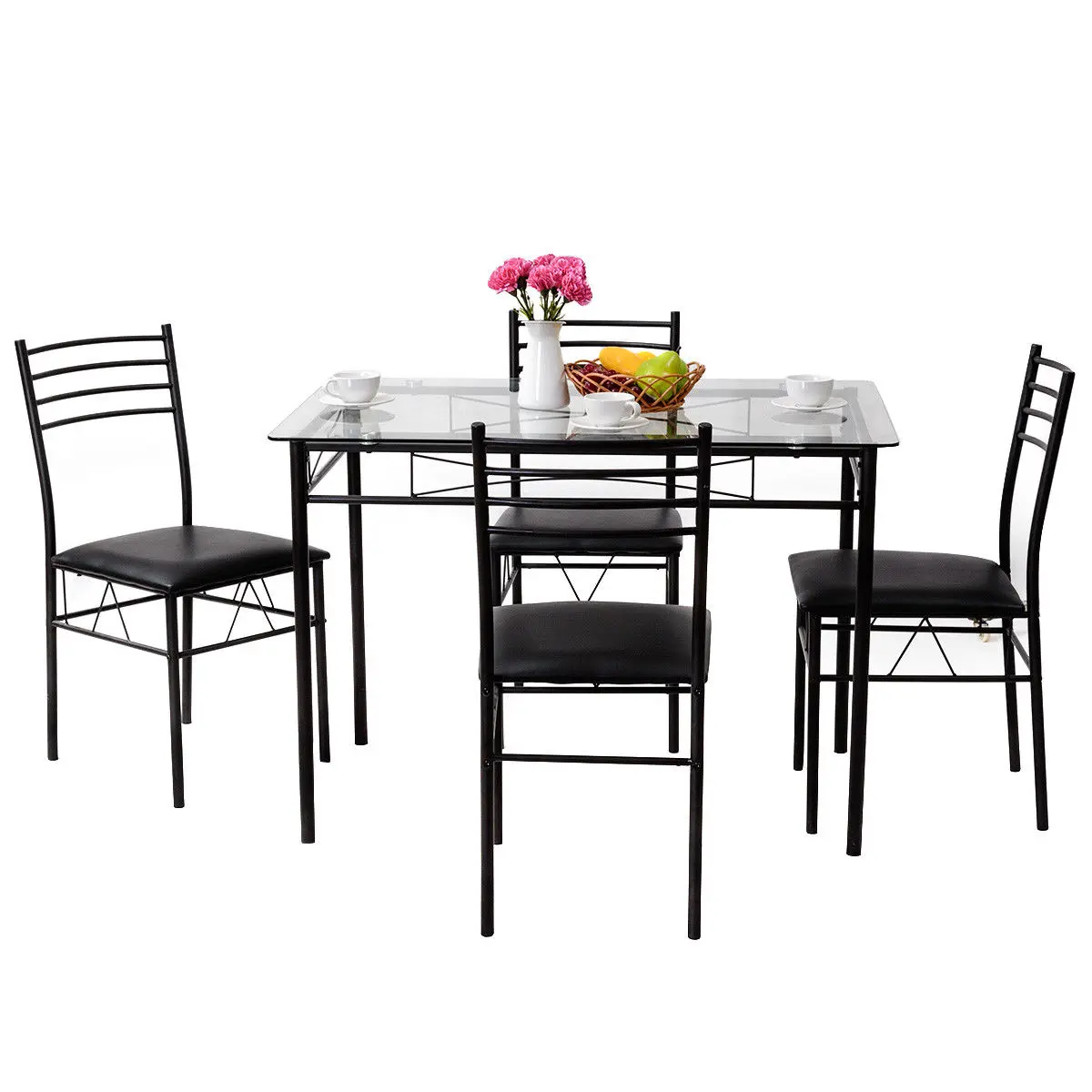 Giantex 5PC Dining Set Modern Dining Room Tempered Glass Top Table & 4 Upholstered Dining Chairs Kitchen Furniture HW56030