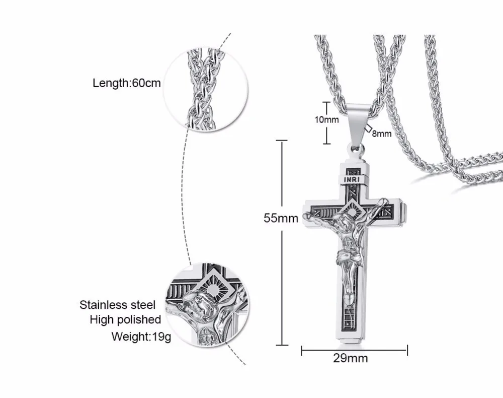 Мужская подвеска крест с надписью INRI, серебряное ожерелье из нержавеющей стали, ювелирные изделия для католического Иисуса Христа