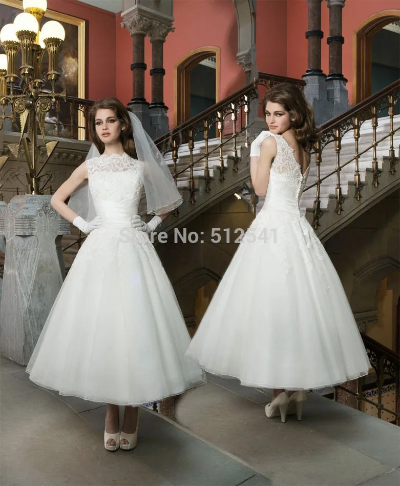 

Top Selling Sheer Short Wedding Dresses A Line Strapless Lace Applique Pleats Organza Ankle-Length Bridal Gowns yk8R964