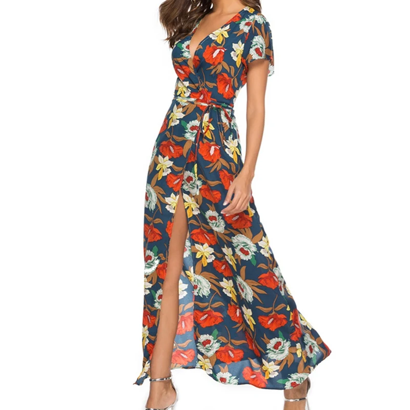 Women Beach Maxi Dress Lady Floral Print Boho Long Chiffon Short Sleeve V-Neck Split Sexy Dress-XL