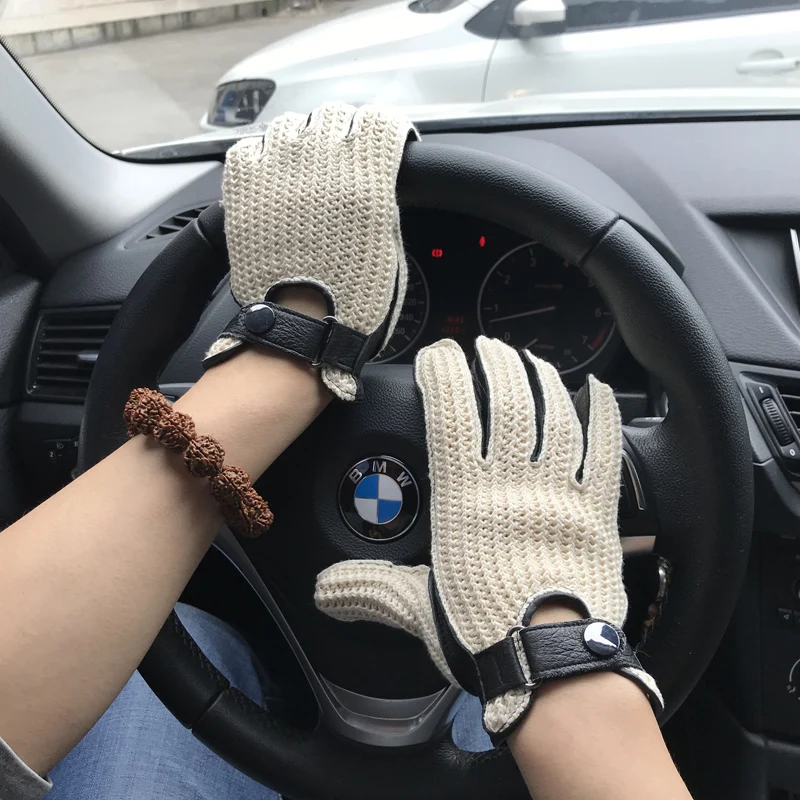 Mens Goatskin Leather Gloves Back Knitted Gloves Lambskin NEW Unlined Non-Slip Motorcycle Driving Gloves Male Leather Mittens