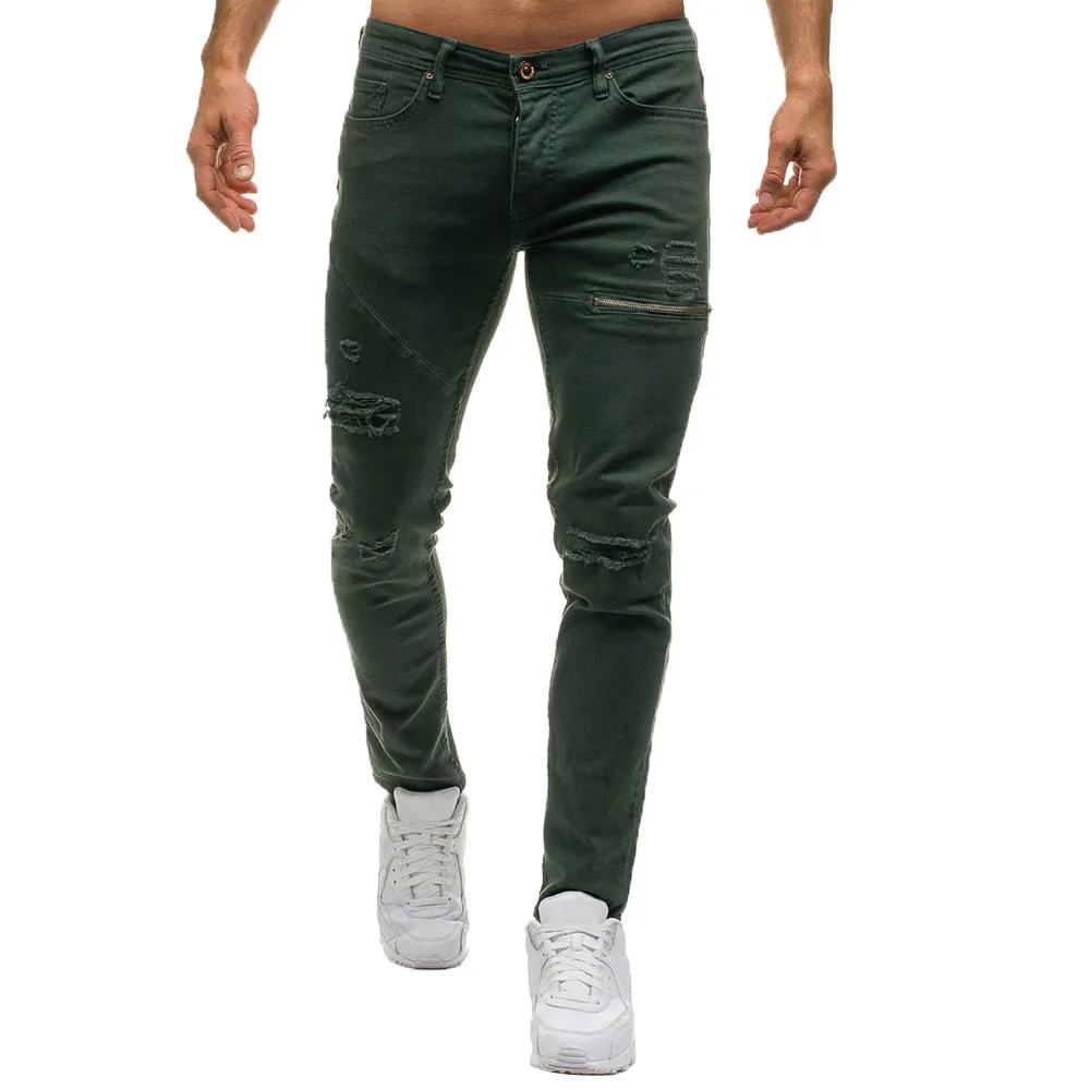 Мужские узкие джинсы Стильные джинсы на молнии повседневные джинсовые брюки с дырками - Цвет: Green