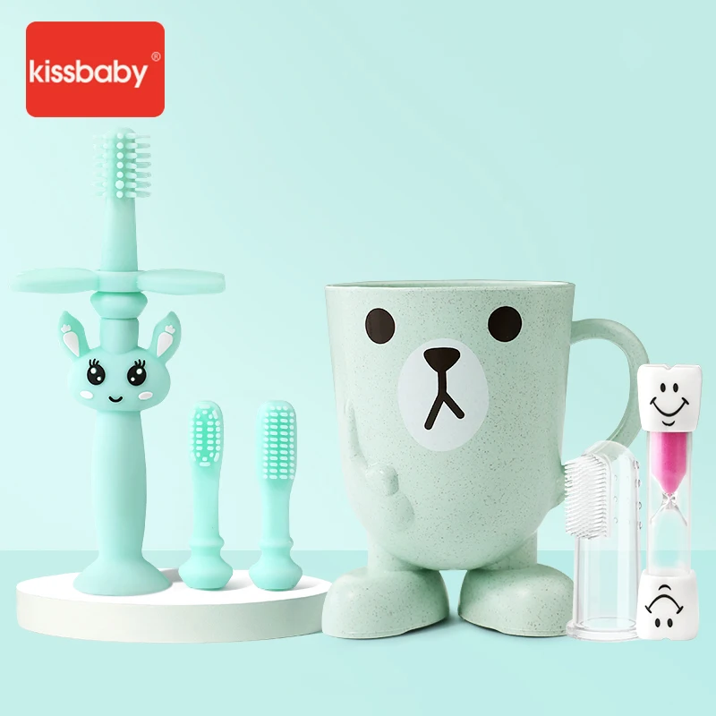 

Set of 6 Kissbaby Silicone Baby Toothbrush Items Kid Brush Toothpaste Holder Finger Traning Teeth Cleaner Chewing Tools