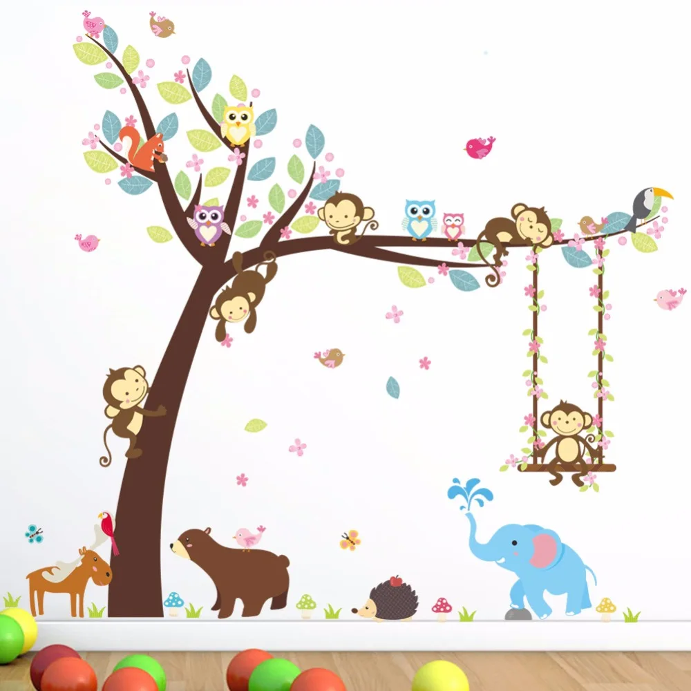 Мультфильм лес ветка дерева животное сова обезьяна ПВХ наклейки на стену детская комната Мальчики Девочки Спальня домашний декор Арт плакат обои