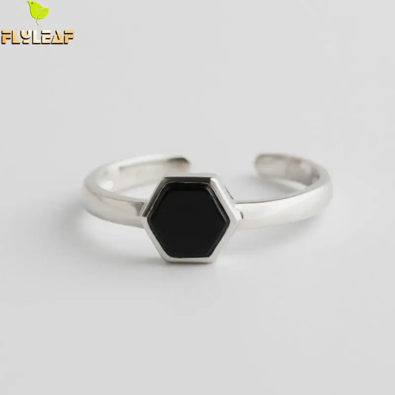 

Flyleaf 925 Sterling Silver Rings For Women Geometric hexagon Obsidian Personality Fashion Fine Jewelry Simple Open Ring