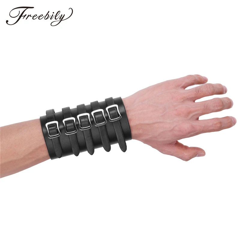 Fashion 5 Buckles Metal Leather Bracer Punk Style Wrist Party Wide Mens