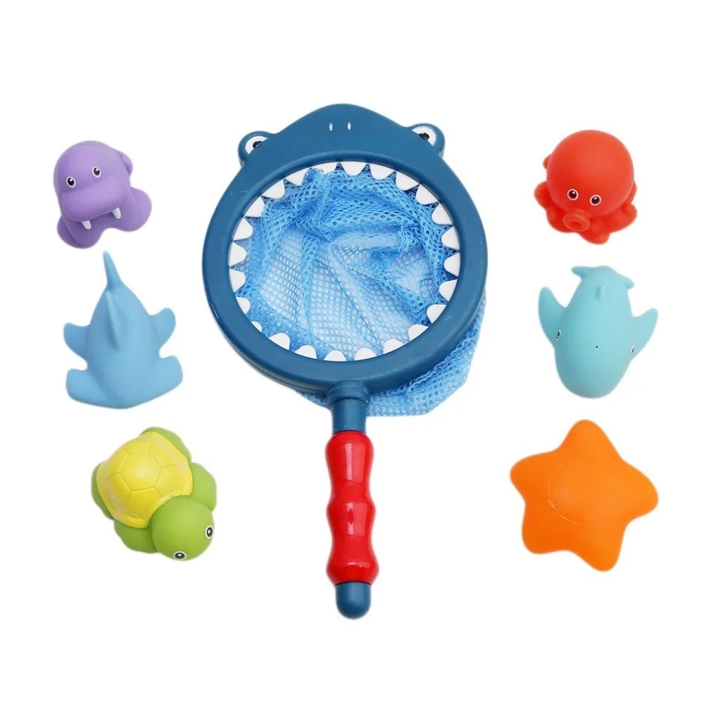 

Shark fishing Bath Toy with Fishing Net Floating Animals Water Toy Baby Bathroom Pool Accessory for Kids 12 Months +