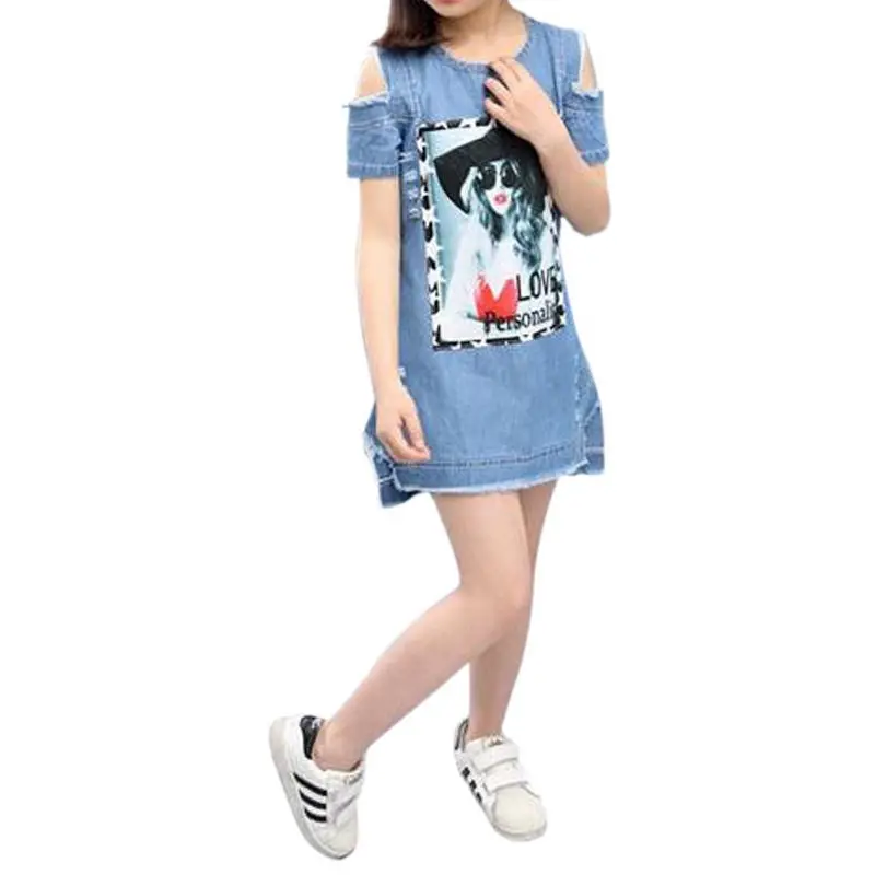 

Kids Baby Girl Pattern Straight Mini Dress Kids Girl Print Short Summer O-Neck Denim dresses