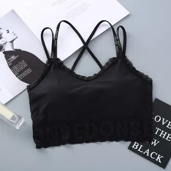 

Sexy Lace V-Neck Wrapped Chest Women Letter Cross Straps Tube Tops Pad Lace Bra Top